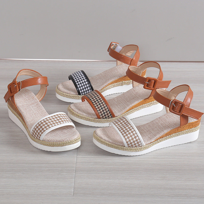 Hahnentrittmuster Sandalen Damen Sommer Schnalle Abendschuhe