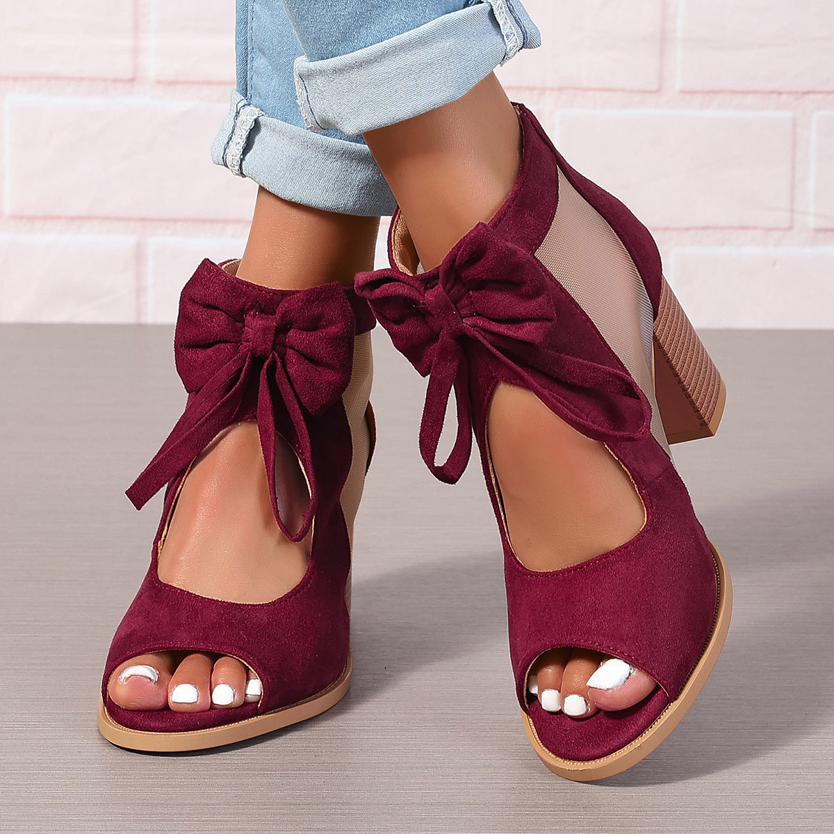 Plateau-Sandalen mit klobigen High Heels und Schleifendekoration, offener Zehenbereich, Blockabsatz, Knöchelriemen, Sandalen für Abendkleider, Brautpartys