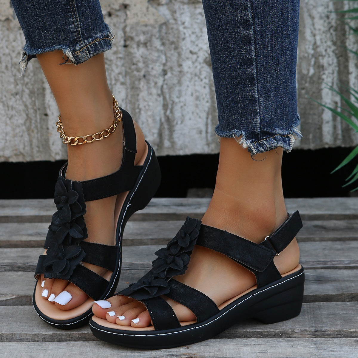 Blumen Sandalen Sommer Klettverschluss Keile Schuhe für Frauen