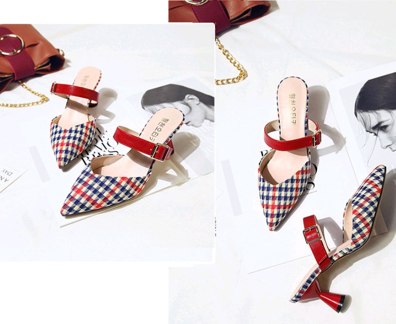 Frühling und Sommer neue koreanische Version der karierten Baotou Halbschuhe weibliche spitze Sandalen und Hausschuhe mit hohen Absätzen dick mit wilden Damenschuhen