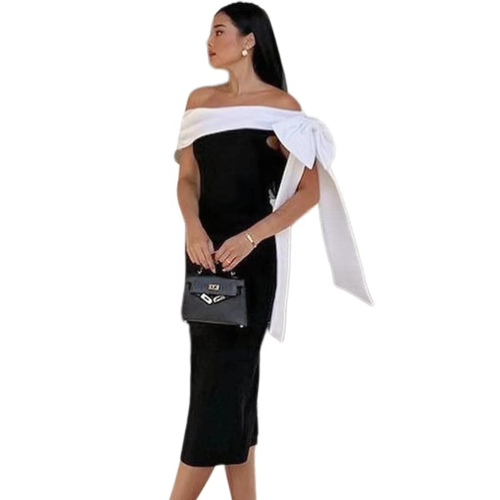 Damen Off-Shoulder Cocktailkleid mit Schleife und Schwarz-Weiß-Farbkombination