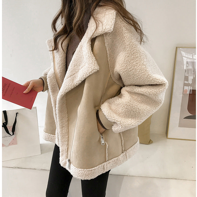 Stylish Suede Jacket Women Short Lamb Velvet Motorcycle Jacket for Ev