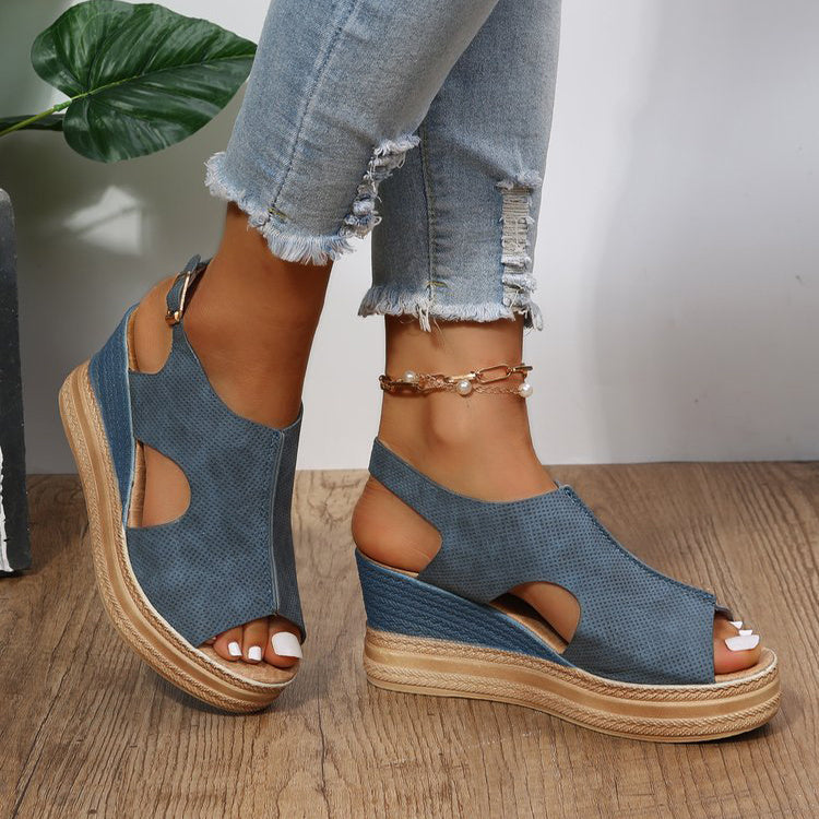 Peep Toe Sandalen Frauen Keilabsatz Plattform Schnalle Schuhe Sommer