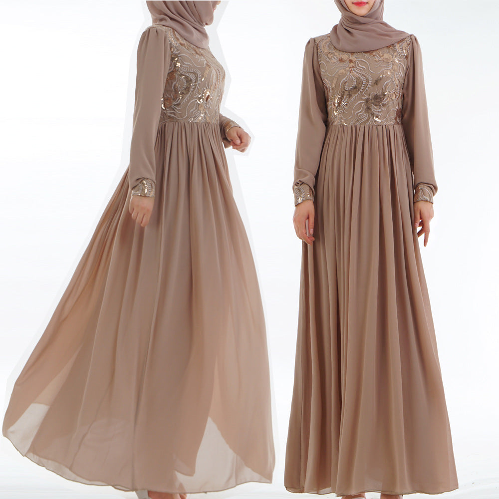 Besticktes muslimisches Spitzenkleid mit langen Ärmeln