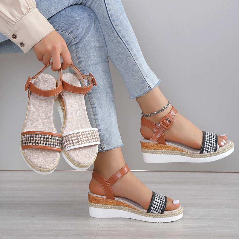 Hahnentrittmuster Sandalen Damen Sommer Schnalle Abendschuhe