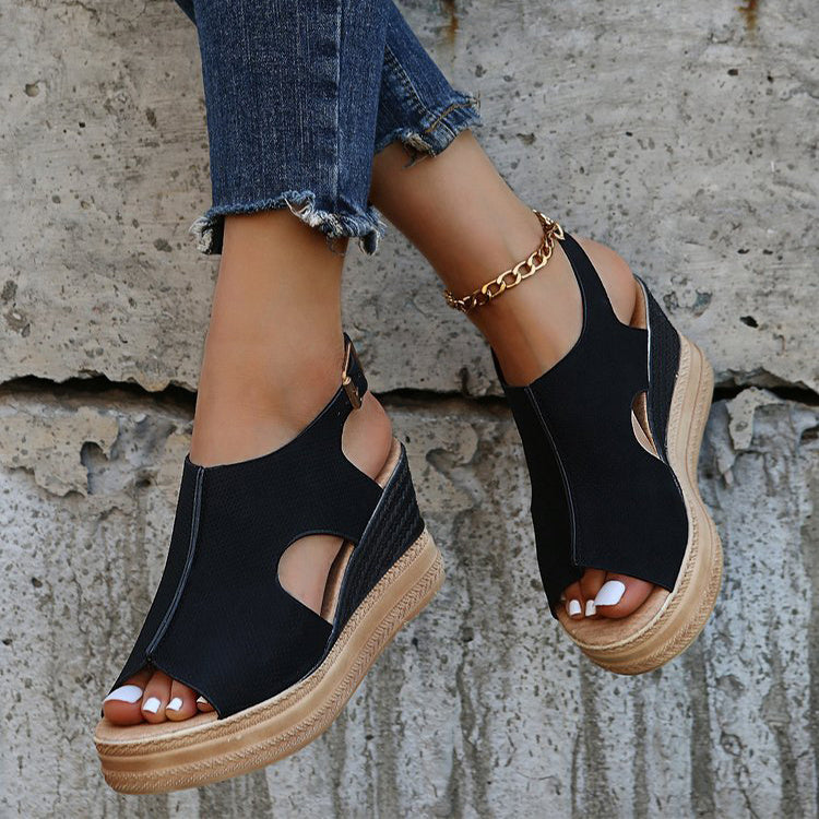 Peep Toe Sandalen Frauen Keilabsatz Plattform Schnalle Schuhe Sommer
