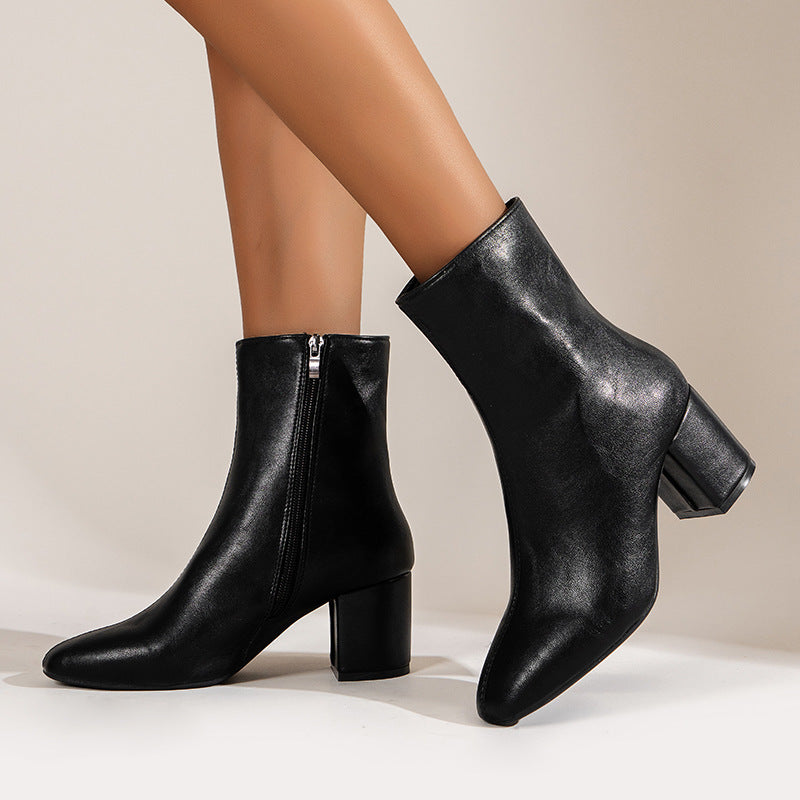 Stiefel mit klobigem Absatz und spitzer Zehenpartie und seitlichem Reißverschluss, modischer Stiefel bis zur Mitte der Wade für Damenschuhe