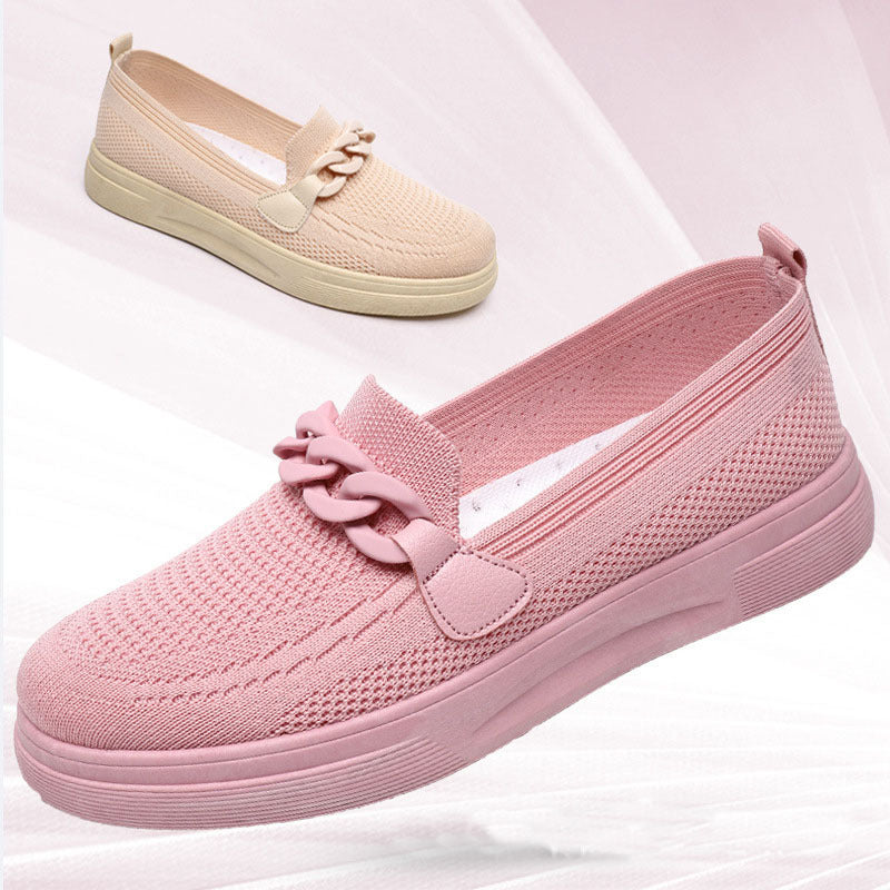Flache Schuhe mit Kette für Damen, bequeme Slip-On-Schuhe mit runder Spitze