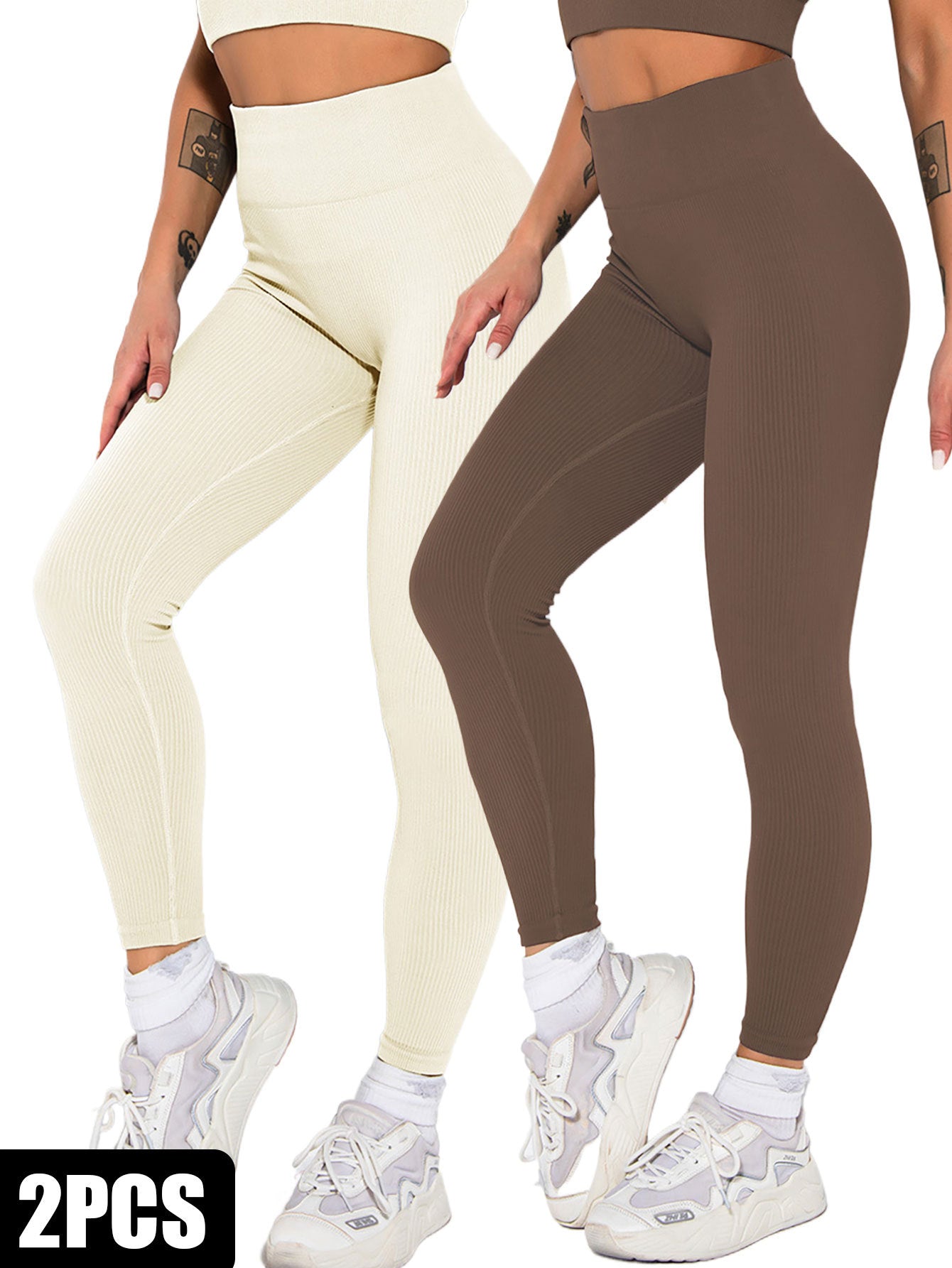 2er-Pack nahtlose gerippte Leggings für Damen, weiche, schlankmachende Yogahosen, gerippte Yogahosen, hohe Taille, Fitnessstudio-Leggings, Sport, Frauen, Fitness, nahtlos, weiblich