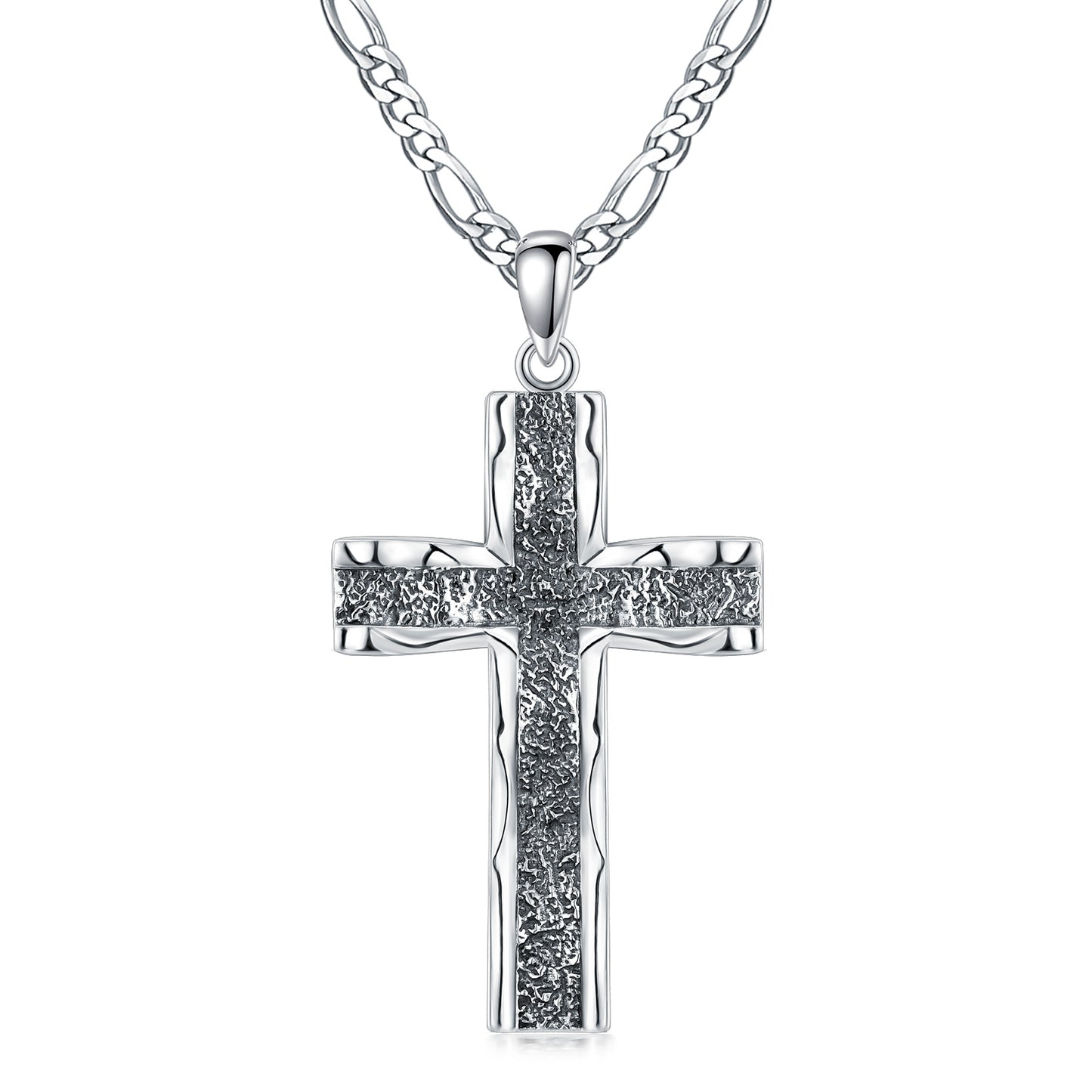 Elegant 925 Sterling Silver Cross Pendant With Stainless Steel Figaro