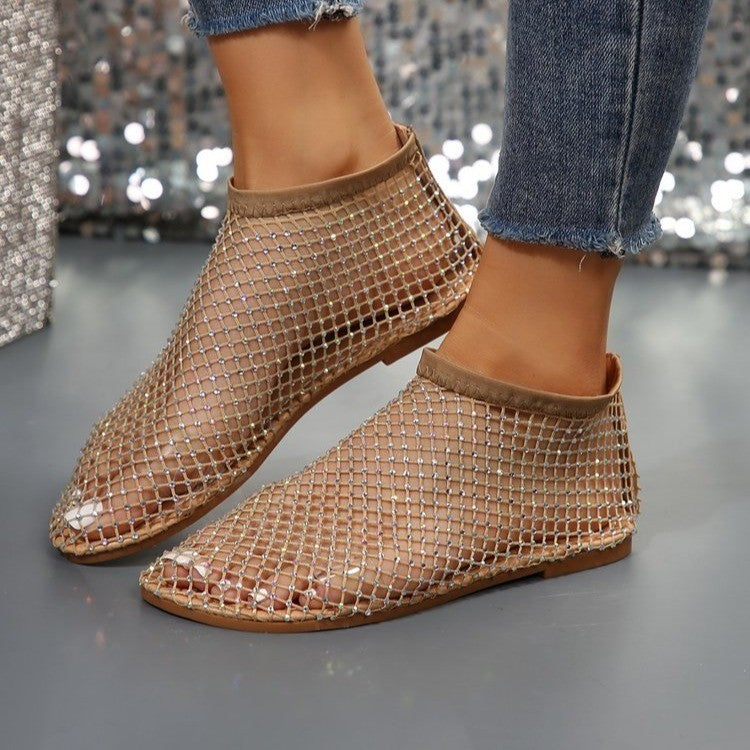 Nouvelles sandales plates creuses avec strass, chaussures d'été à bout rond pour femmes