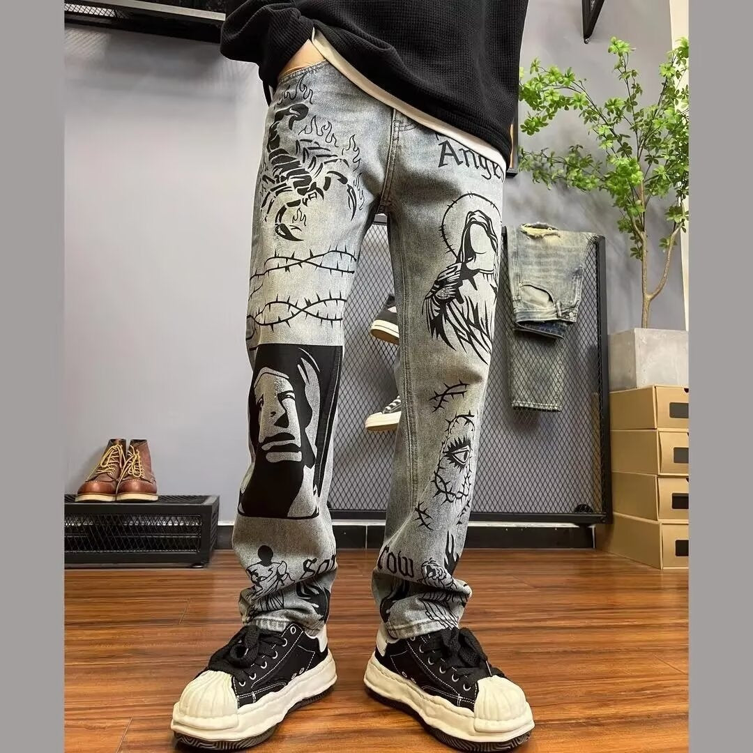 Retro Blue Skinny Jeans High Street Graffiti Printing Loose