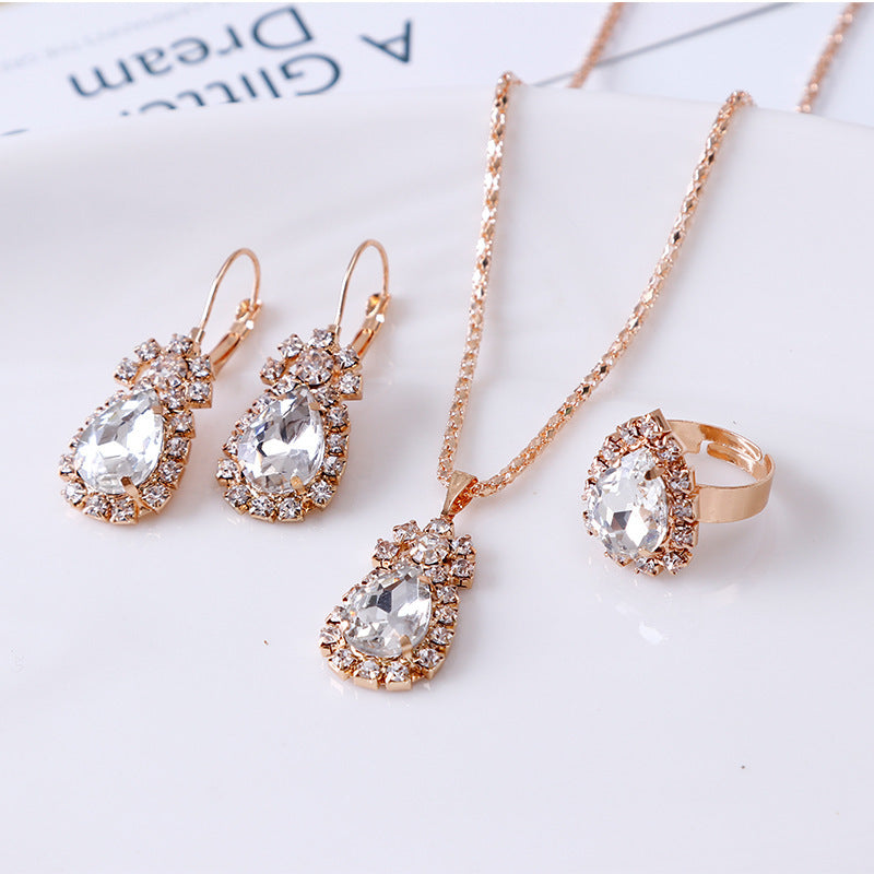 Wassertropfen Strass Halskette Ohrringe Ring Set