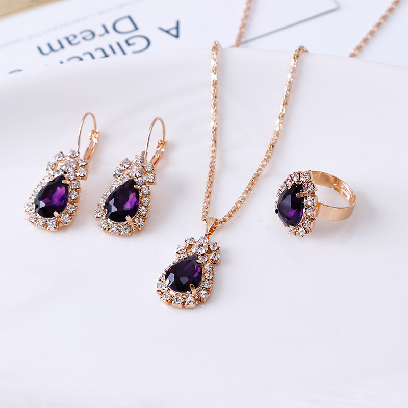 Wassertropfen Strass Halskette Ohrringe Ring Set