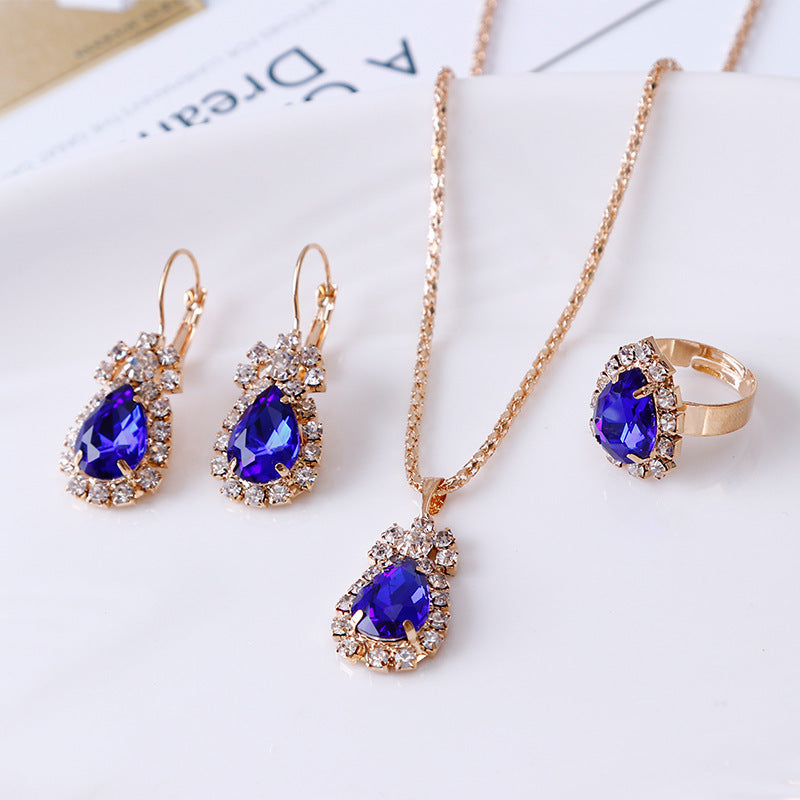 Wassertropfen Strass Halskette Ohrringe Ring Set