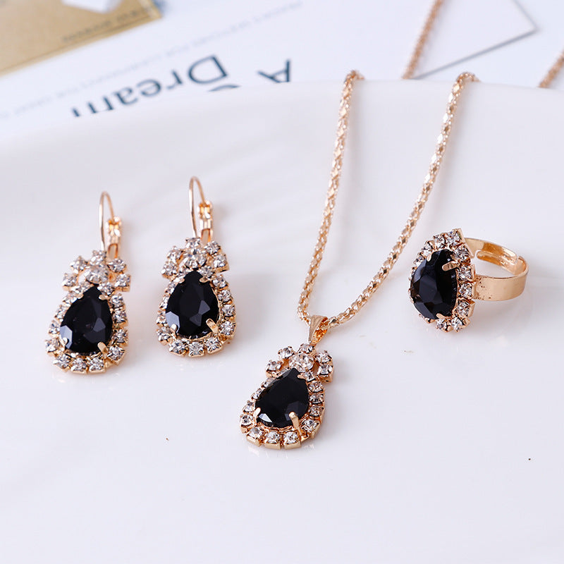 Wassertropfen Strass Halskette Ohrringe Ring Set