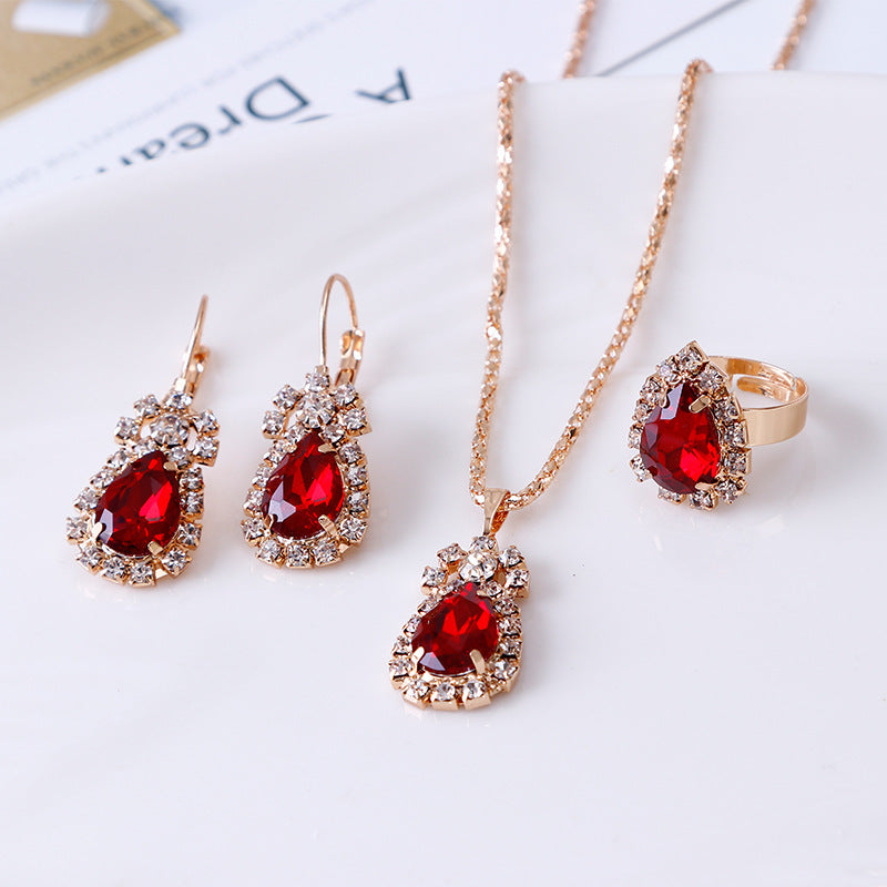 Wassertropfen Strass Halskette Ohrringe Ring Set