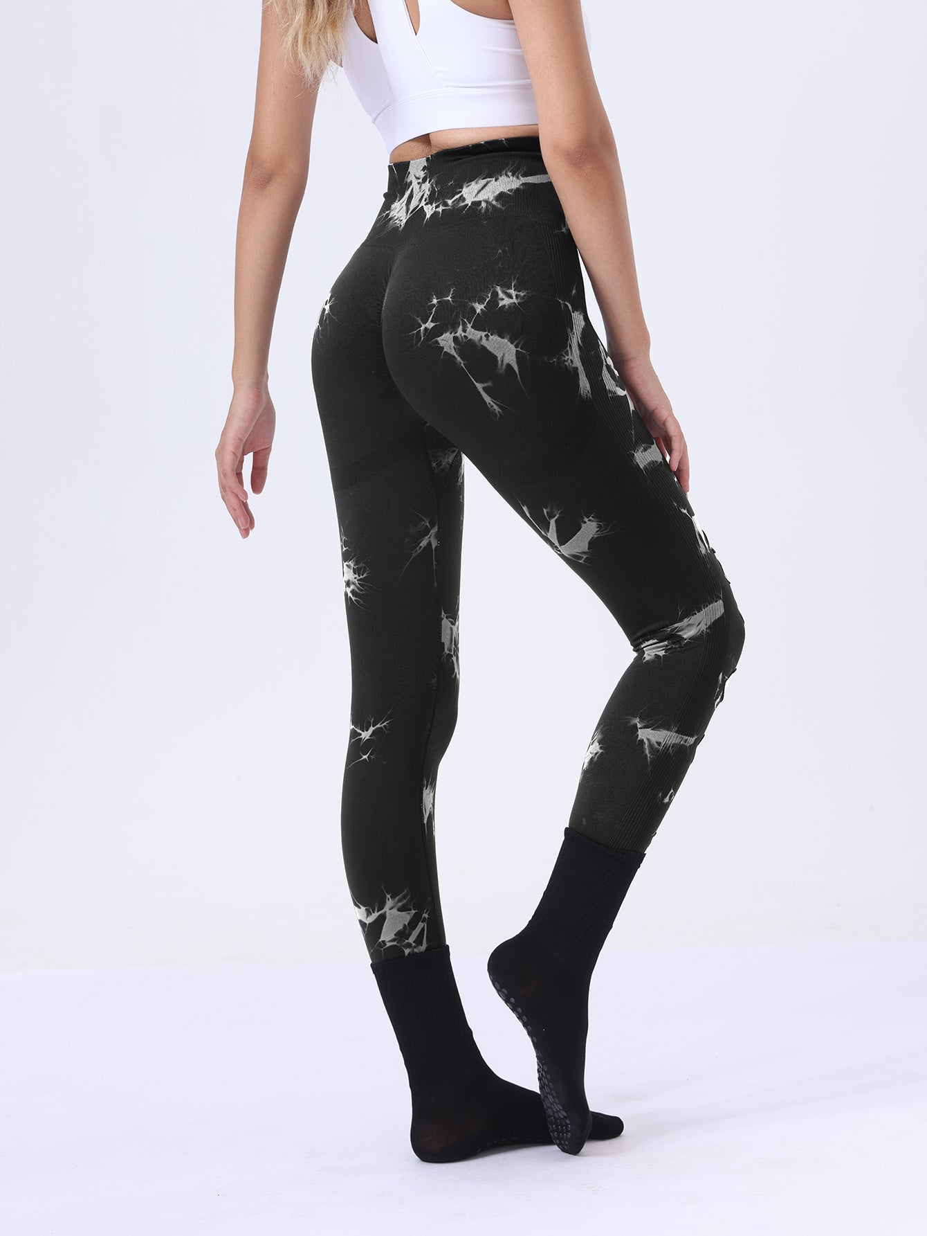 Po-Lifting-Yoga-Fitness-Sporthose, ausgehöhlte Bauchkontrolle-Sport-Leggings mit Batikmuster, Laufhose