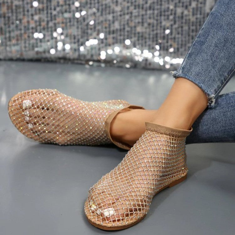 Nouvelles sandales plates creuses avec strass, chaussures d'été à bout rond pour femmes
