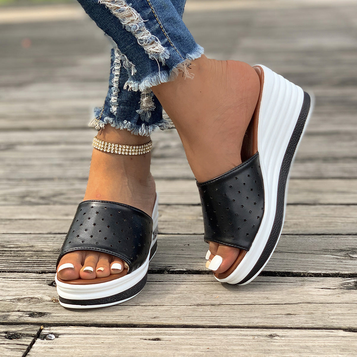 Fischmaul Keilsandalen Sommermode Hohldesign High Heels Slides Hausschuhe Lässige Strandschuhe für Frauen