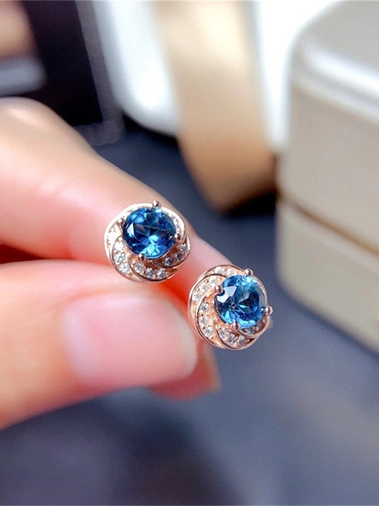 Stylish New Sapphire Natural London Blue Topaz Flower Stud Earrings f