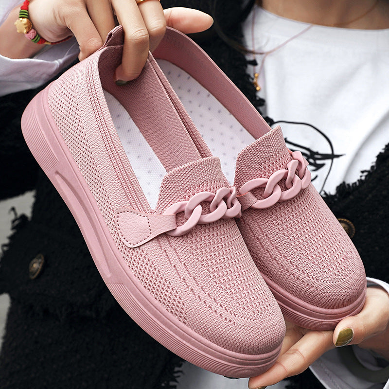 Flache Schuhe mit Kette für Damen, bequeme Slip-On-Schuhe mit runder Spitze