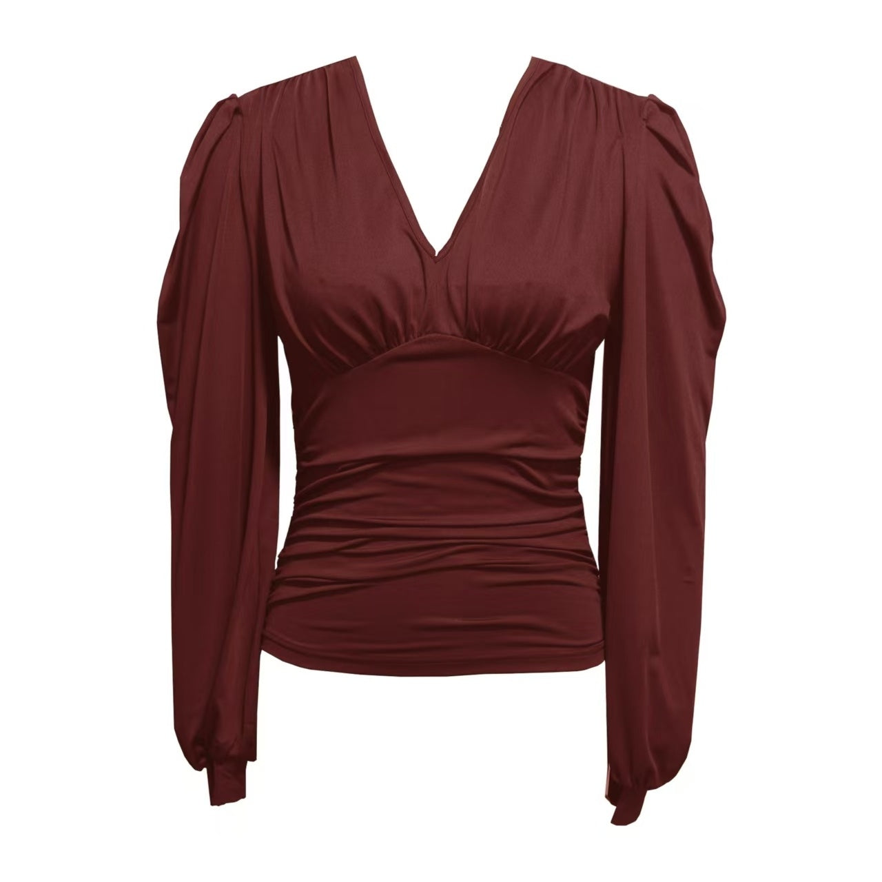 Ladies' Casual Solid Color Pleated V-neck Long Sleeved T-shirt
