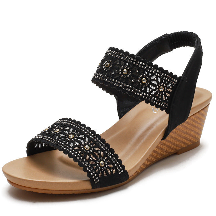 Blume Aushöhlen Sandalen Mit Strass Keile Schuhe Frauen