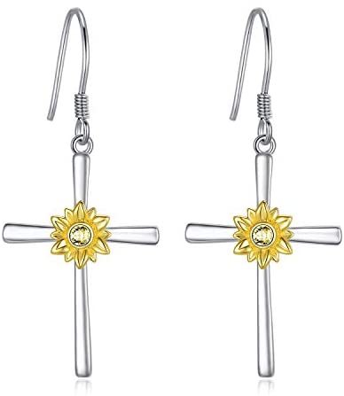 Sonnenblumen-Ohrringe, Sterlingsilber, Kreuz, baumelnd, Ohrhaken, Sonnenblumen-Schmuckgeschenke für Frauen und Teenager zum Geburtstag