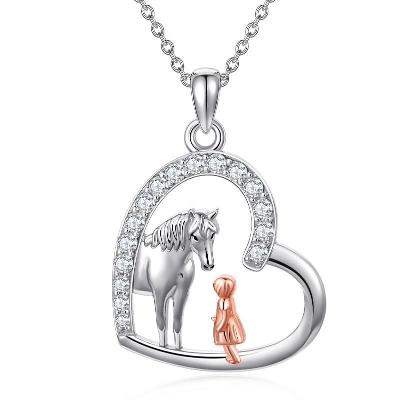 Sterling Silber Herz Pferd und Mädchen Anhänger Halskette Schmuck Geschenke für Frauen Mädchen Kinder
