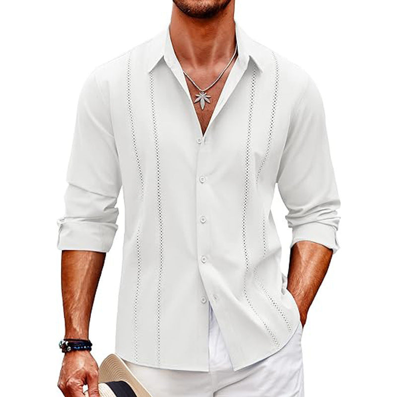 Casual Long Sleeve Shirt With Pocket Lace Polo Collar Solid Color Button Mens Clothing
