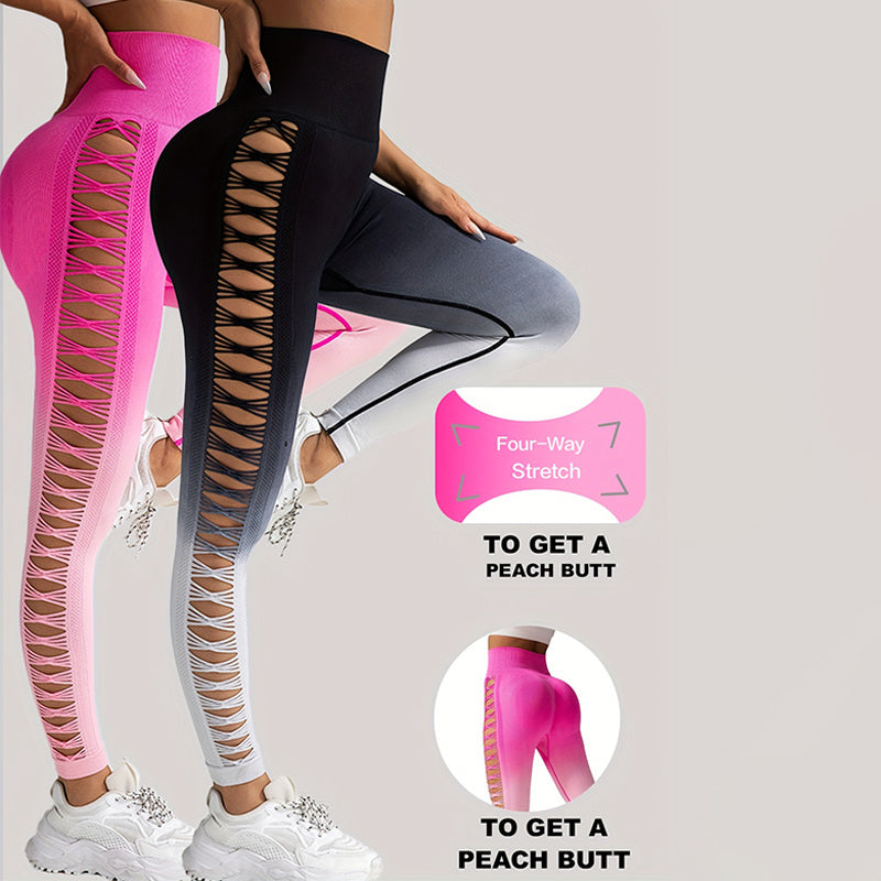 2er-Pack ausgeschnittene Ombre-Farbverlaufsfarben, hohle, hoch taillierte Po-Lifting-Fitness-Yogahosen für Damen, hoch taillierte Yogahosen für Damen mit Aussparungen, zerrissen, superweich und bequem, schmal