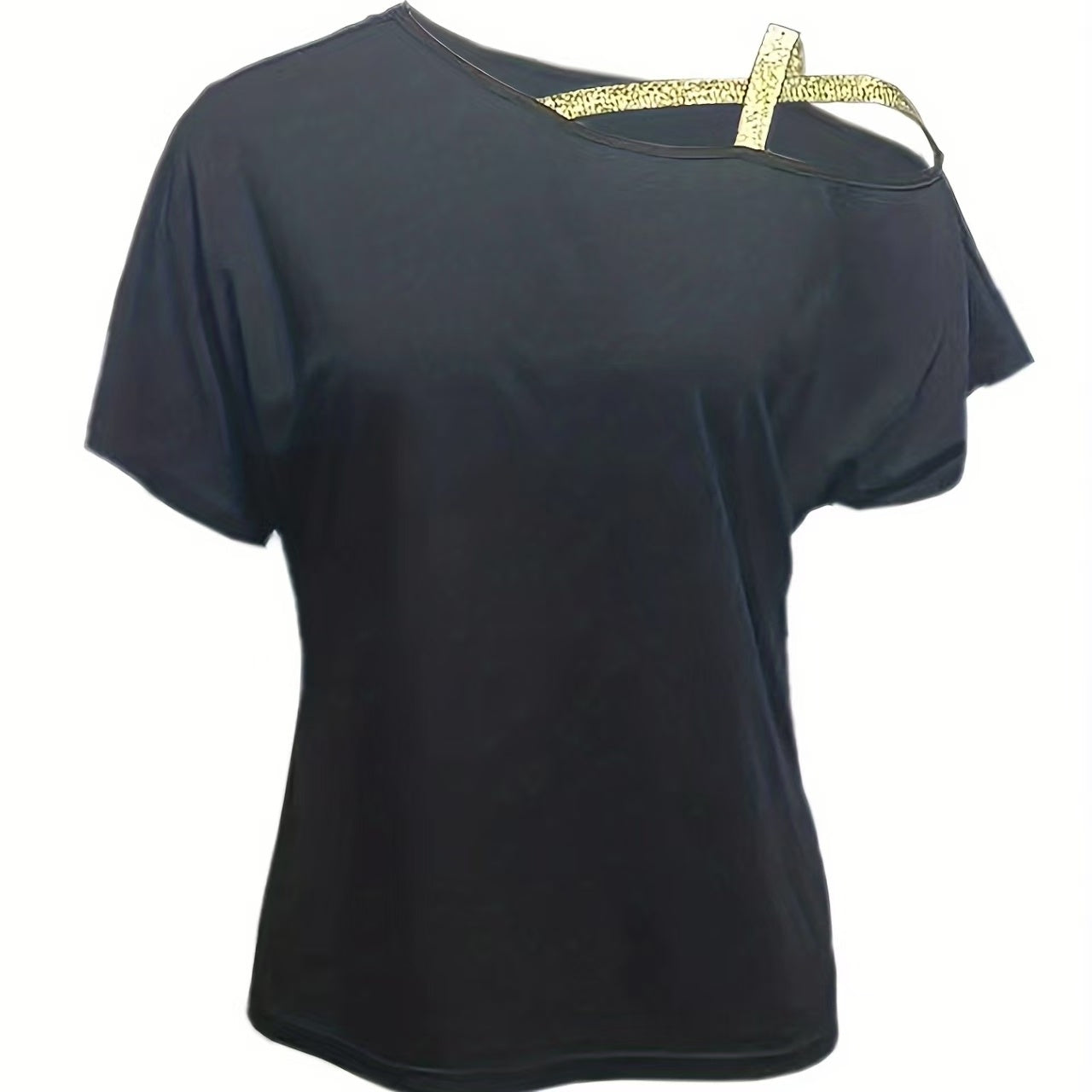 Damen T-Shirt mit Pailletten und goldenen Schulterträgern, schulterfrei, gekreuzt, schulterfrei, kurzärmelig, zum Binden