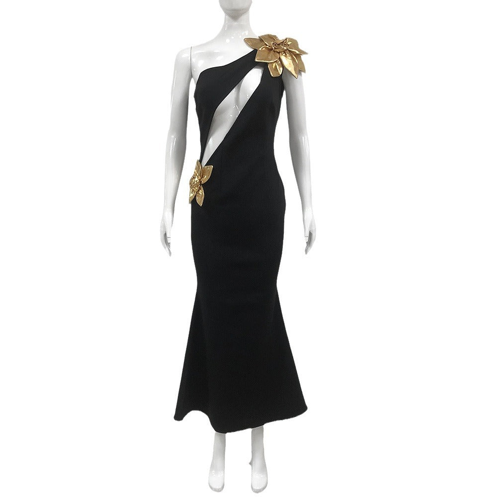 Stylish Slim Fit Bandage Golden Flower Maxi Dress for Everyday Wear