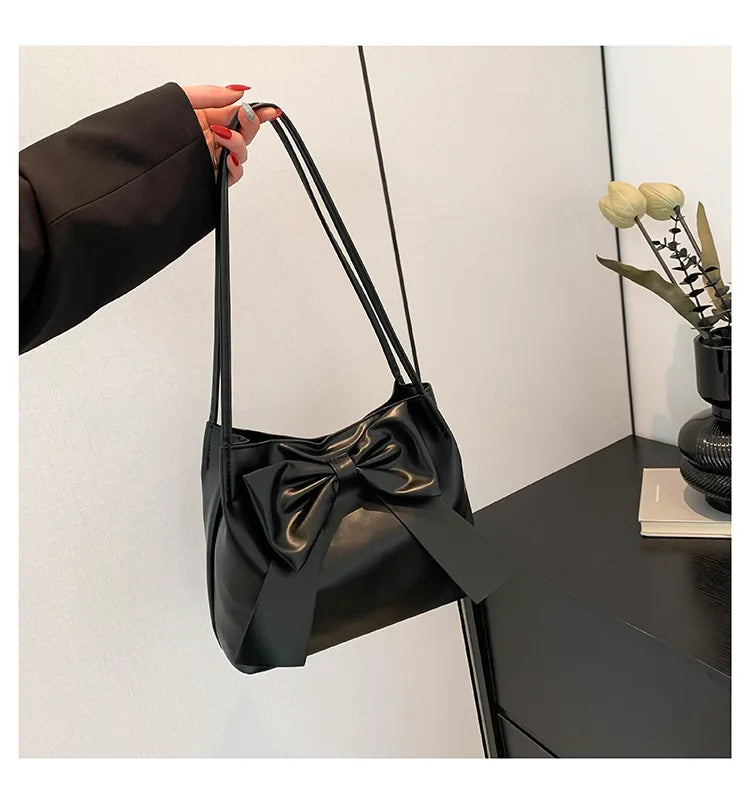 Fashionable Large Capacity Bow Knot Shoulder Bag Cute Kawaii Bow Decor Water Bucket Bag Lightweight Casual Handbag