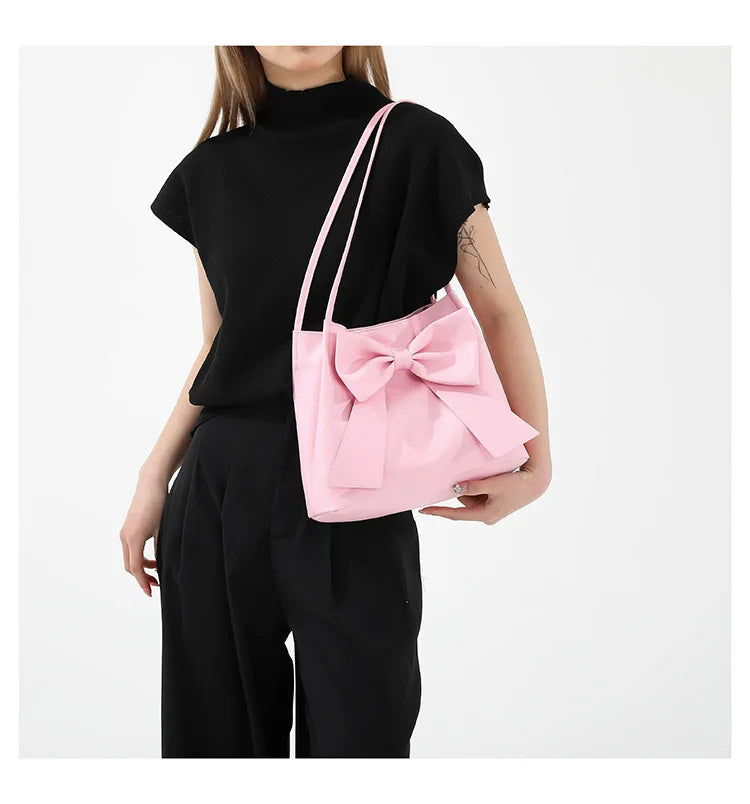Fashionable Large Capacity Bow Knot Shoulder Bag Cute Kawaii Bow Decor Water Bucket Bag Lightweight Casual Handbag