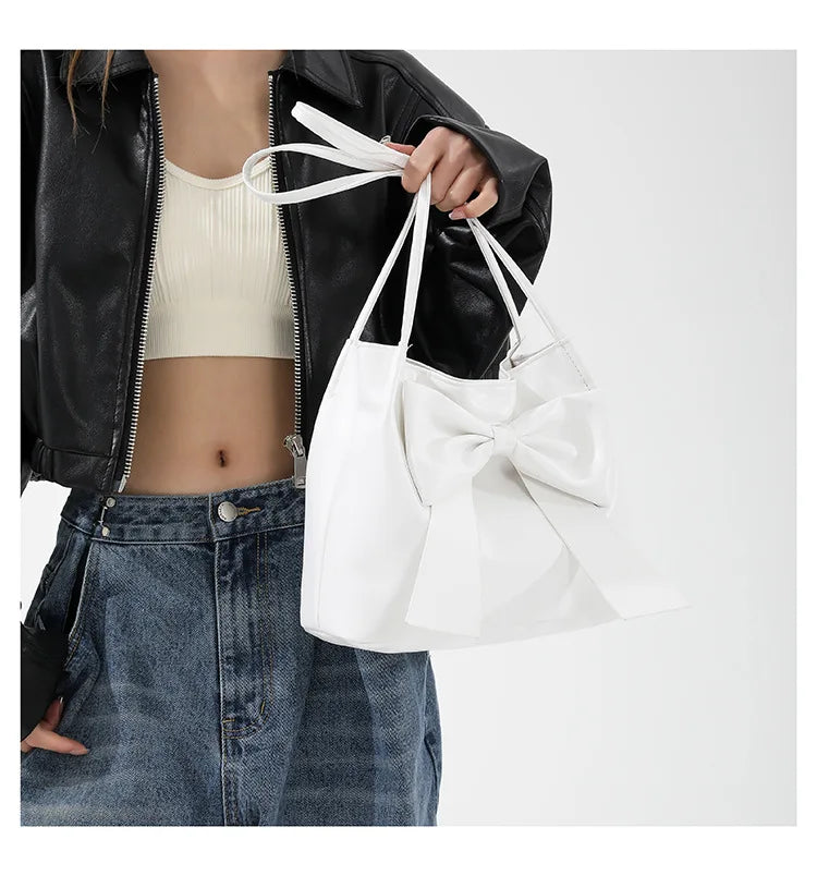 Fashionable Large Capacity Bow Knot Shoulder Bag Cute Kawaii Bow Decor Water Bucket Bag Lightweight Casual Handbag