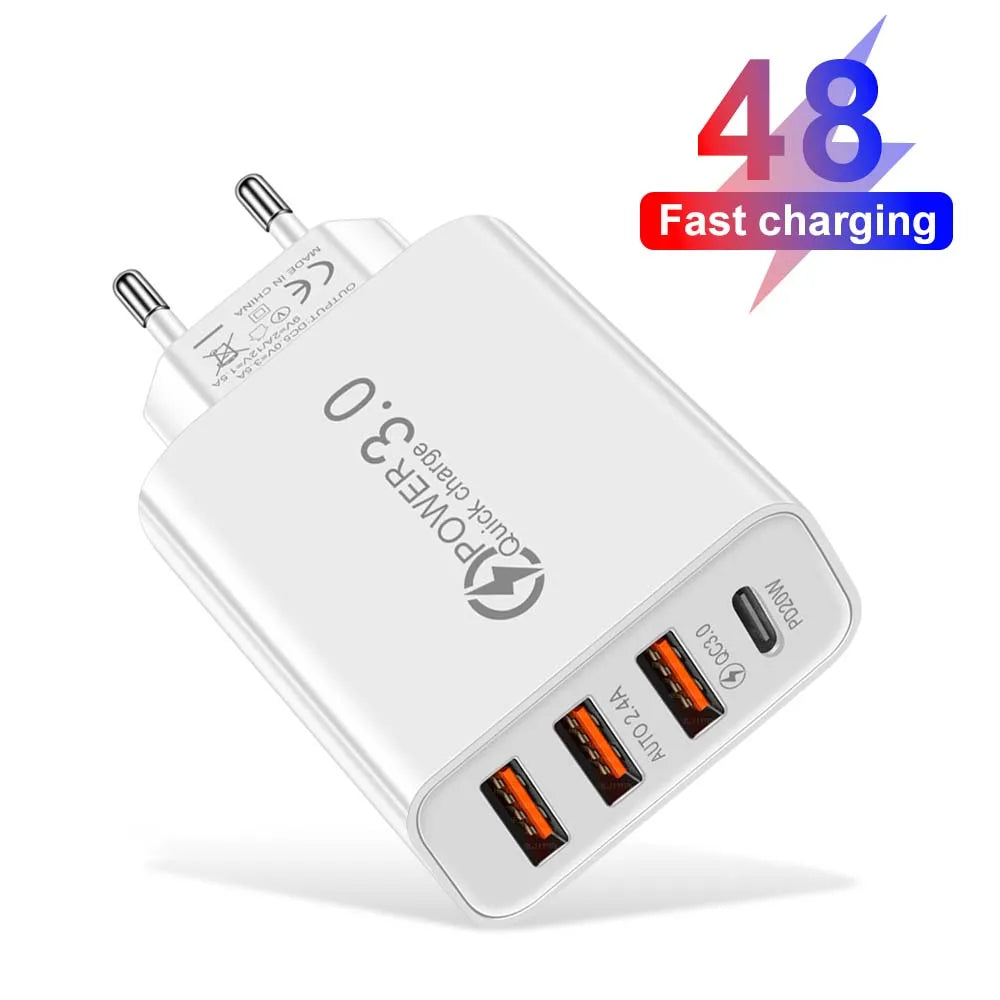 48 USB Charger QC 3.0 Type C PD Fast Charge For iPhone 12 13 Max Samsung S21 Huawei Xiaomi Mobile Phone EU/US Plug Wall Charger