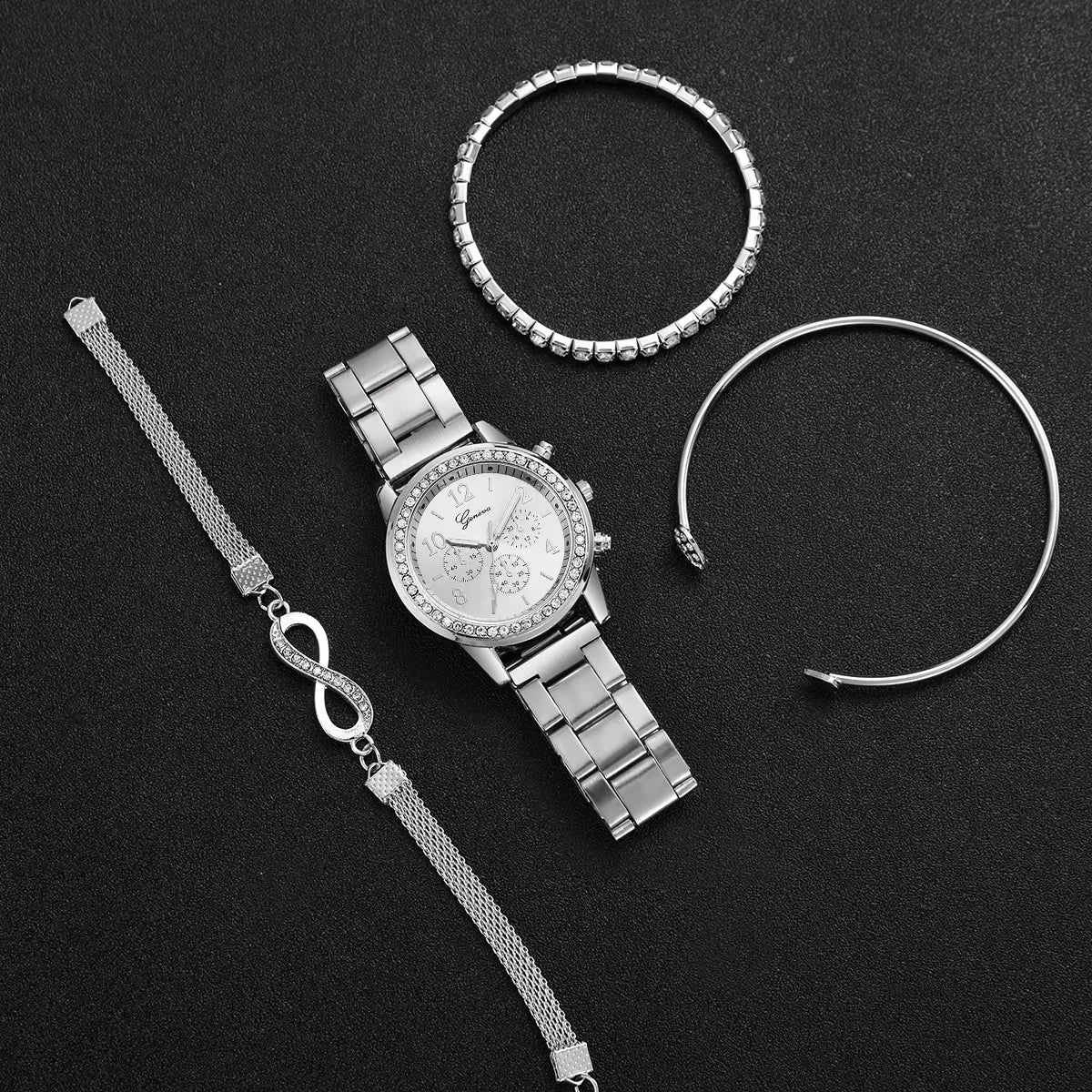 4PCS/Set Women's Watch Fashion Rhinestone Arabic Dial Steel Band Quartz Watches Bracelets Set(Without Box)