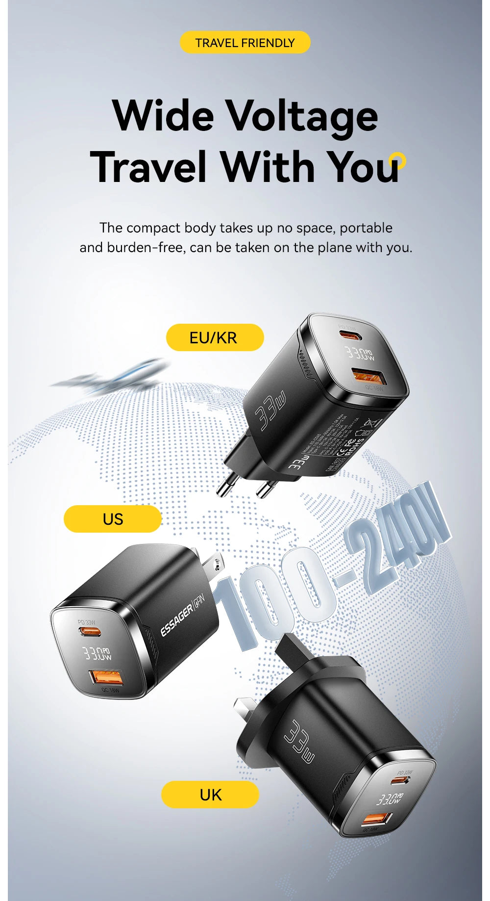 Essager 33W GaN USB Type C Charger Digital Display PD Fast Charging For iPhone 16 15 14 Pro Max iPad Mini 6 Xiaomi Samsung S22