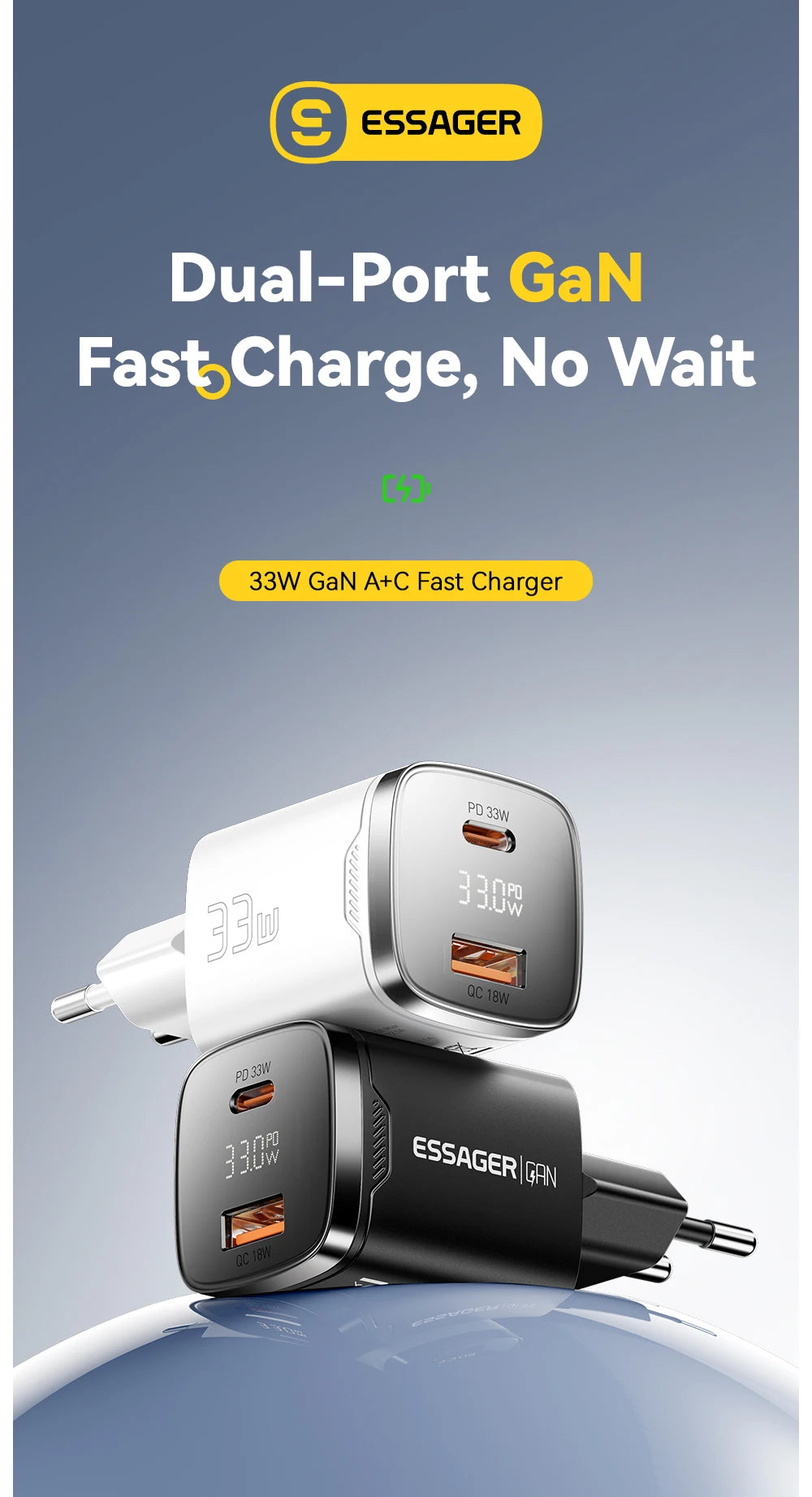 Essager 33W GaN USB Type C Charger Digital Display PD Fast Charging For iPhone 16 15 14 Pro Max iPad Mini 6 Xiaomi Samsung S22