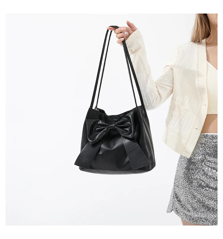 Fashionable Large Capacity Bow Knot Shoulder Bag Cute Kawaii Bow Decor Water Bucket Bag Lightweight Casual Handbag
