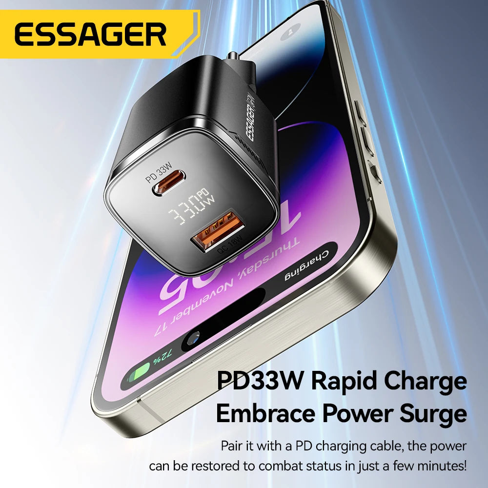 Essager 33W GaN USB Type C Charger Digital Display PD Fast Charging For iPhone 16 15 14 Pro Max iPad Mini 6 Xiaomi Samsung S22