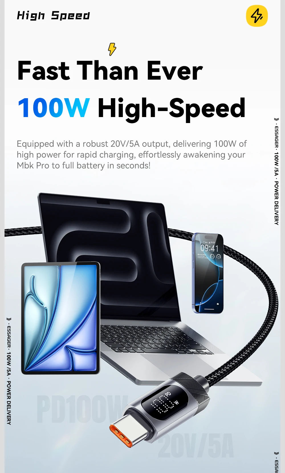Essager Digital Dispaly USB C Cable For iPhone 16 15 Xiaomi Huawei 100W PD Fast Charging For Macbook iPad Type C to Type C Cable