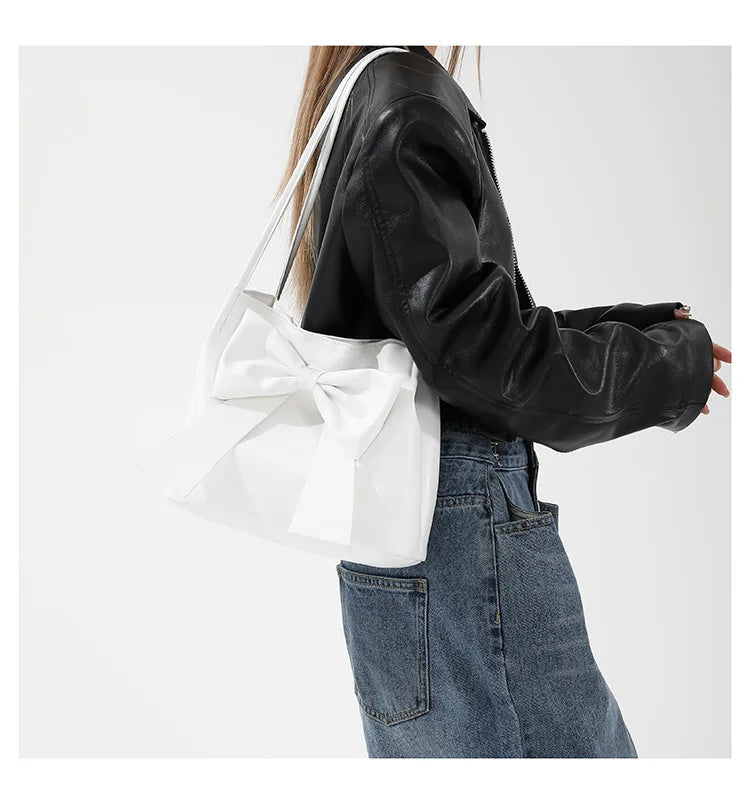 Fashionable Large Capacity Bow Knot Shoulder Bag Cute Kawaii Bow Decor Water Bucket Bag Lightweight Casual Handbag