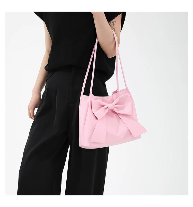 Fashionable Large Capacity Bow Knot Shoulder Bag Cute Kawaii Bow Decor Water Bucket Bag Lightweight Casual Handbag