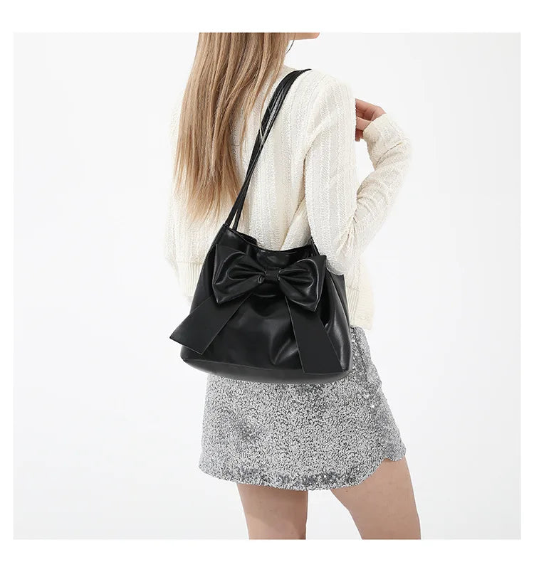 Fashionable Large Capacity Bow Knot Shoulder Bag Cute Kawaii Bow Decor Water Bucket Bag Lightweight Casual Handbag