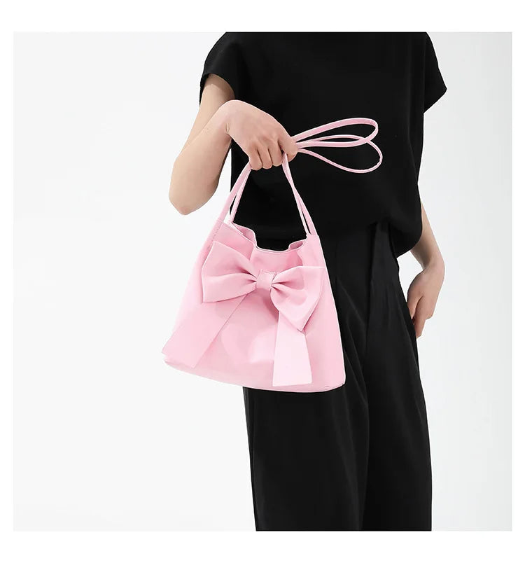 Fashionable Large Capacity Bow Knot Shoulder Bag Cute Kawaii Bow Decor Water Bucket Bag Lightweight Casual Handbag