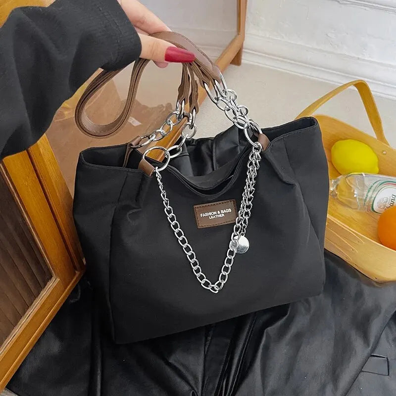 Nylon Solid Color Large Capacity Tote Bag Fashion Chain One Shoulder Women's Bag Minimalist Commuter Bag