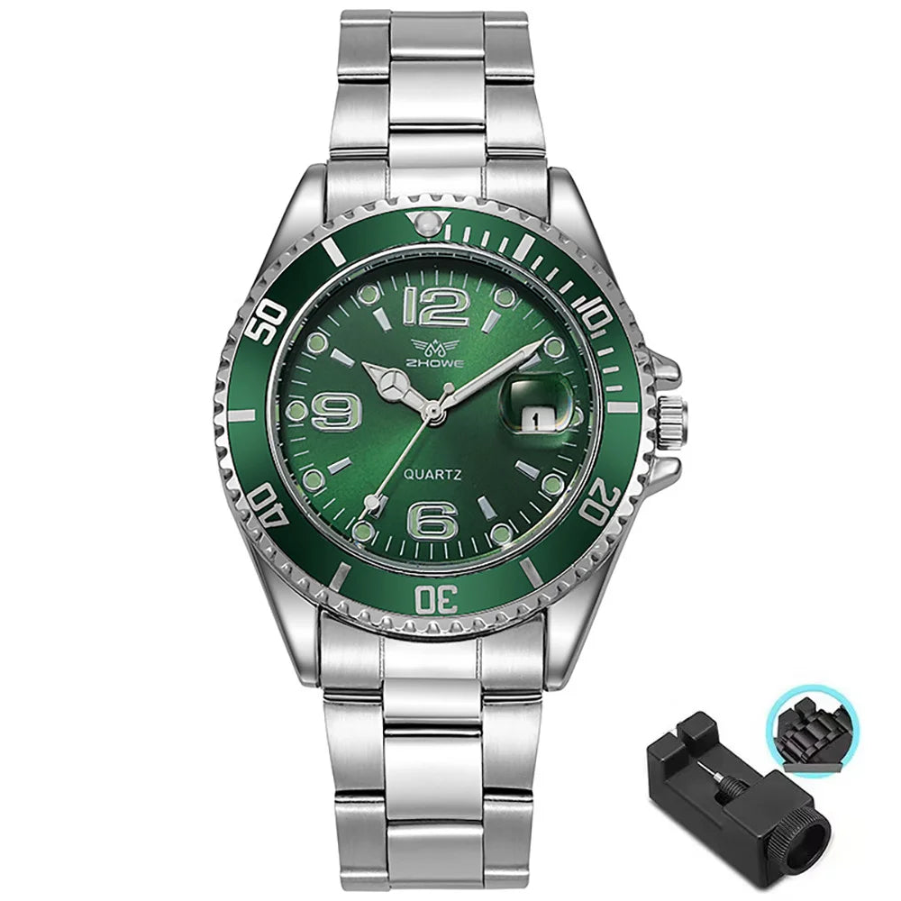 Business Men Classic Diver Style Watch Fixed Bezel Date Stainless Steel Strap Daily Life Waterproof Quartz Wristwatch